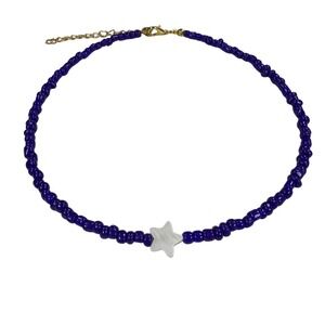 Handmade Blue Beaded Necklace White Star Pendant Gold Chain Adjustable
